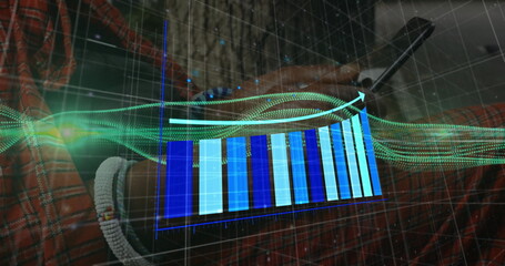 Analyzing smartphone data in office, showing holographic bar chart and green data-stream visuals