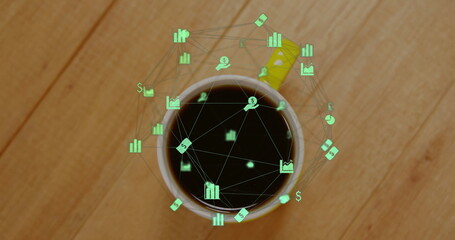 Displaying white ceramic coffee mug with floating green financial icon network on wooden tabletop