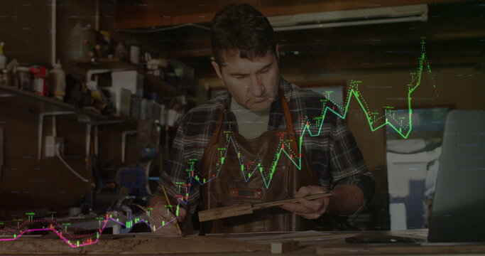 Measuring craftsman using pencil and metal ruler marking plank in workshop with stock chart overlay - Powered by Adobe