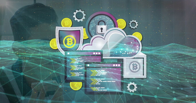 Displaying cloud icons over mesh network, with padlock, Bitcoin shield, gold coins and code windows