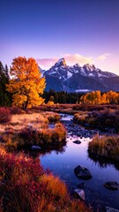 Fototapeta premium 秋の山岳風景と黄金色の木々が照らす夕暮れの景色