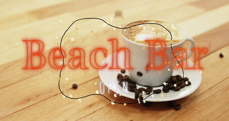 Displaying white coffee cup, saucer on wooden bar with latte art, Beach Bar text, copy space