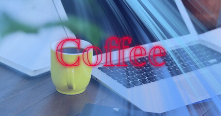 Featuring yellow coffee mug on work desk, with laptop, neon “Coffee” text, blue streaks, copy space