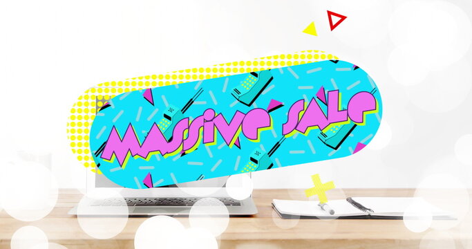 Displaying Massive Sale graphic floating above office desk, with laptop notebook and pen - Powered by Adobe