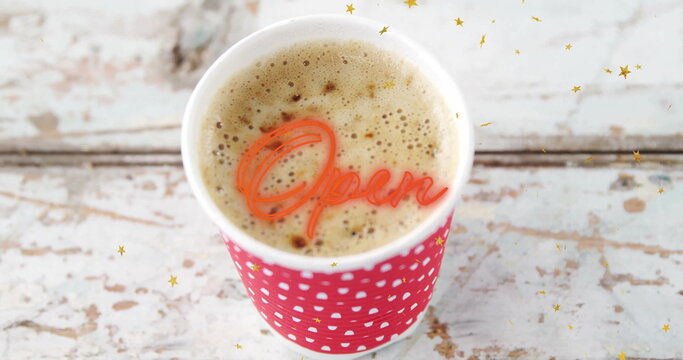 Fototapeta Red polka dot cup sitting in rustic cafe, with frothy coffee, gold confetti, neon Open overlay