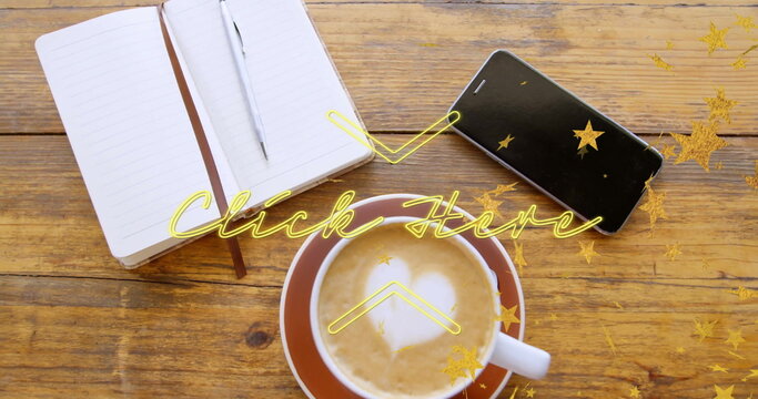 Showing latte with heart art on cafe tabletop beside notebook and neon 'Click Here' star overlay - Powered by Adobe