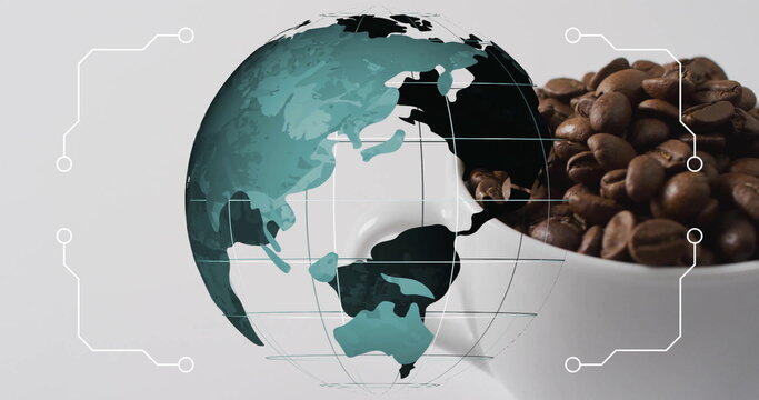 Displaying digital globe overlaying white cup containing coffee beans in studio with circuit lines - Powered by Adobe