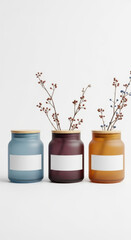 Three small decorative jars with dried floral stems inside each isolated on transparent background