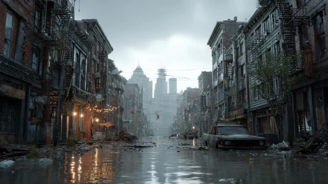 Abandoned street in a foggy urban area, with empty buildings and a mysterious quiet mood, suggesting post-apocalyptic or cinematic themes