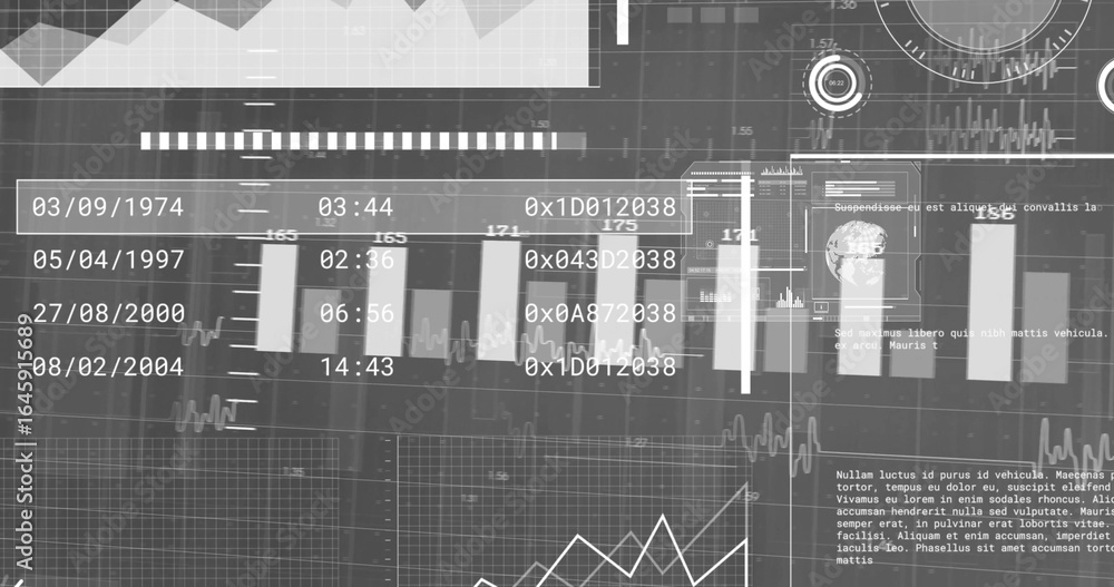 Poster displaying central bar chart panel and line graphs on analytics dashboard, with grid background