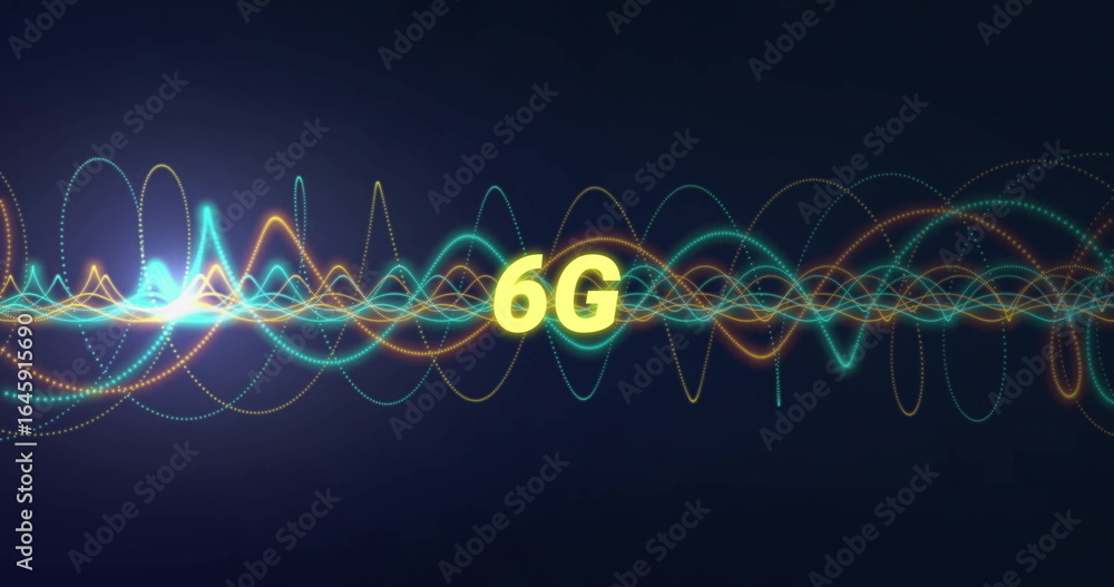 Poster featuring yellow 6g text floating on digital gradient backdrop, with colorful waveform lines