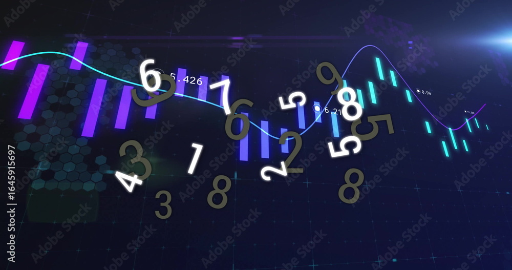 Poster chart animating on dashboard with glowing purple cyan bars neon line floating digits hex grid