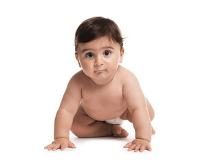 Cute little baby in diaper on white background