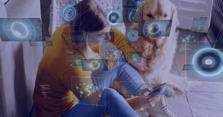 Woman wearing mustard sweater petting golden retriever at home, with AR overlays, copy space