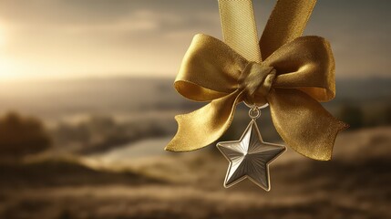 Elegant Golden Ribbon with Silver Star Charm in Soft Nature Background