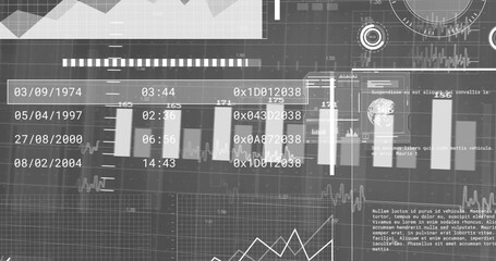 Displaying central bar chart panel and line graphs on analytics dashboard, with grid background