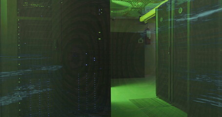 Illuminating empty datacenter corridor, with server racks, LED lights, cable trays, ducts and vents