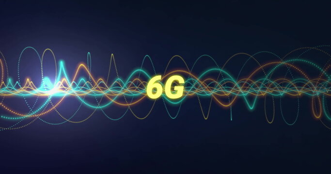 Fototapeta Featuring yellow 6G text floating on digital gradient backdrop, with colorful waveform lines