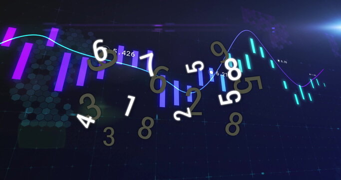 Chart animating on dashboard with glowing purple cyan bars neon line floating digits hex grid