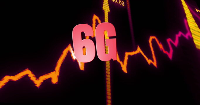 Floating 3D pink 6G hovering on dark screen, with orange magenta graph, yellow arrows, data labels - Powered by Adobe