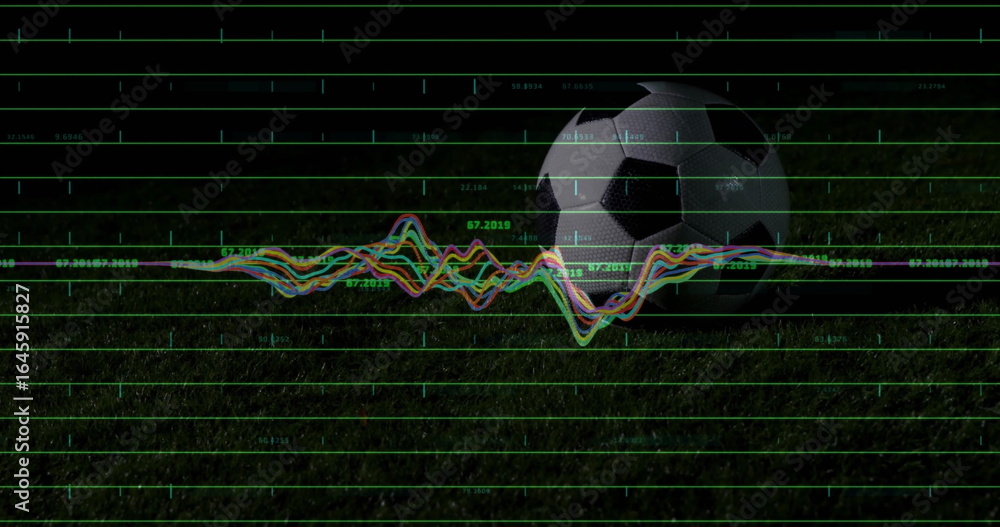 Poster displaying soccer ball resting on grass field at night, with floating data grid and waveform graph