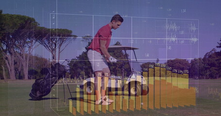 Bending golfer wearing red polo placing golf ball on tee at tee box, with performance data