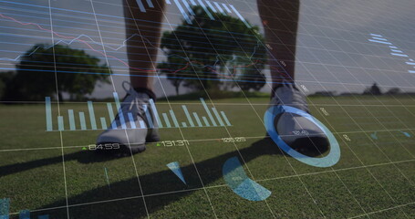 Showing lower legs in sports shoes, standing on putting green, with golf club head and HUD