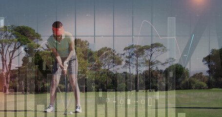 Positioning female golfer placing golf club near golf ball on fairway, showing bar charts overlay