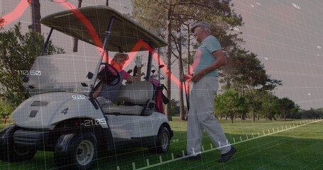 Conversing couple riding golf cart with golf bag on manicured fairway, with red line graph overlay