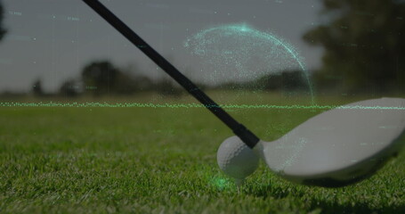 Aligning club head behind golf ball on tee at fairway, showing holographic data overlay, copy space