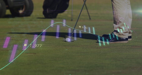 Positioning golfer in beige pants on putting green with putter, white ball, pushcart, data overlay