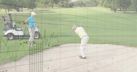 Swinging senior golfer hitting ball from sand bunker at golf course, with club, cart, copy space