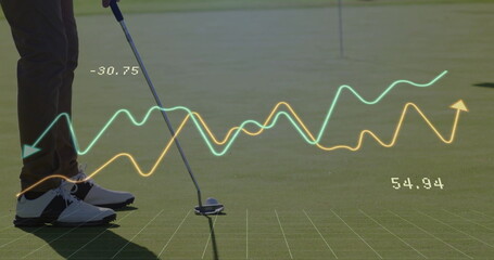 Positioning golfer in pants holding putter near ball by pin on green, waveform data, copy space
