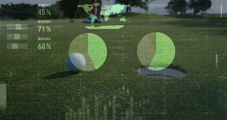 Resting white golf ball sitting on trimmed putting green, with golf shoes and data overlay graphics