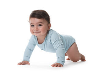 Portrait of cute little baby on white background