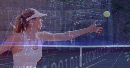 Reaching tennis player wearing visor hitting tennis ball over net on court, with financial overlay