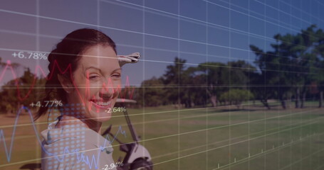 Smiling woman wearing polo shirt, golf glove carrying bag on golf fairway, data overlay, copy space