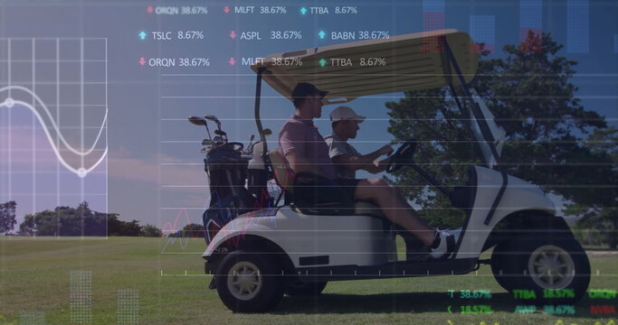 Riding golf partners cruising cart on fairway in polos and caps, with club bags, digital charts