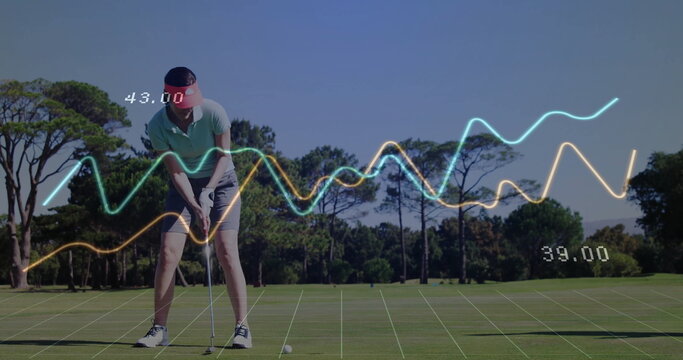 Standing woman golfer wearing red visor positioning ball for putt on putting green, chart overlay