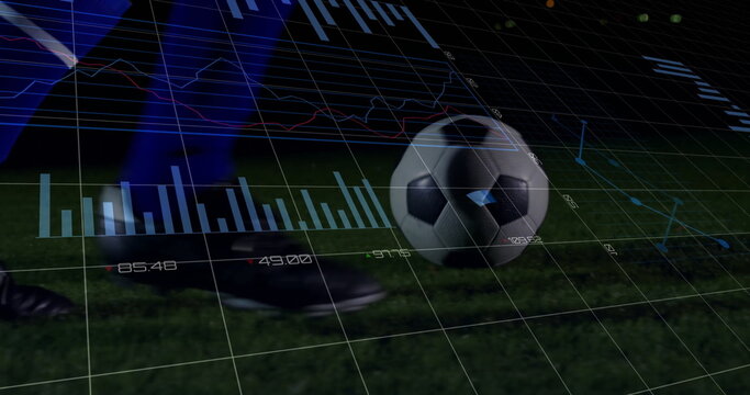 Showing soccer ball and cleat in blue sock on pitch, with digital grid overlay, charts, graphs