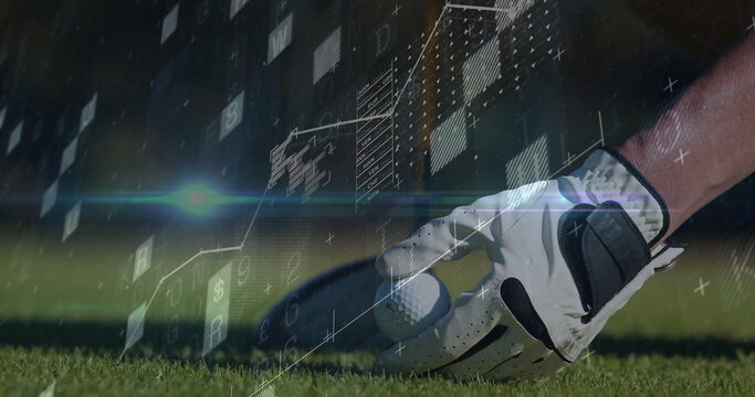 Positioning gloved hand holding white dimpled golf ball onto golf tee grass, overlay, copy space