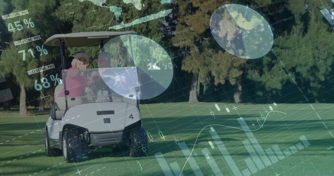 Driving couple wearing golf attire in golf cart 4 across golf fairway, with digital data overlays
