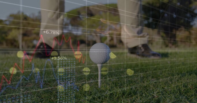 Standing golfer in golf attire next to ball on tee box, with financial data overlay