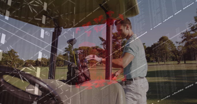 Golfer in golf attire selecting club from golf bag on cart at golf fairway, copy space