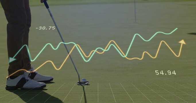 Positioning golfer in pants holding putter near ball by pin on green, waveform data, copy space