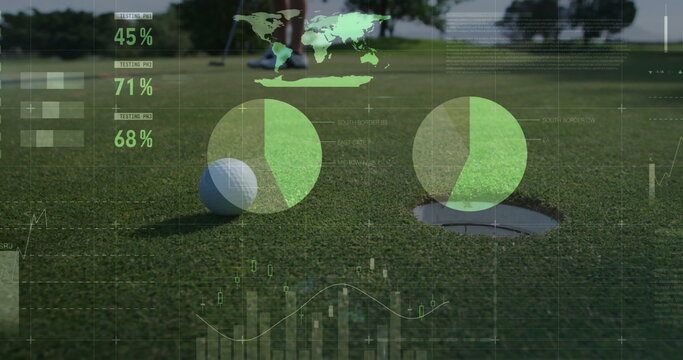 Resting white golf ball sitting on trimmed putting green, with golf shoes and data overlay graphics