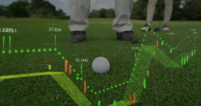 Showing golf ball resting on golf course putting green, with golf shoes and digital data overlay