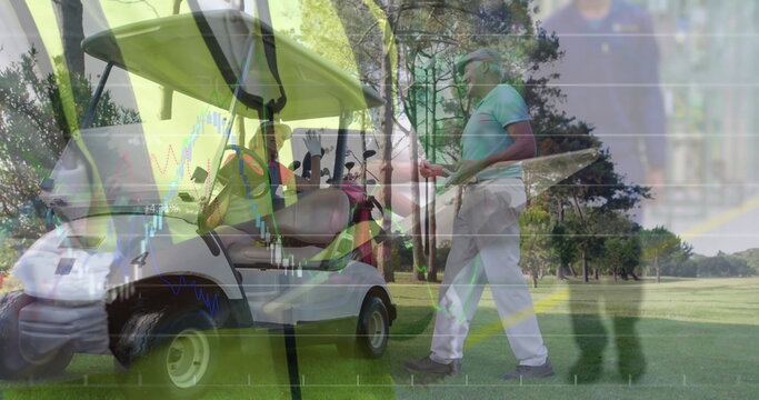 Gesturing senior male golfer pointing at passenger on fairway, with cart and candlestick overlay - Powered by Adobe