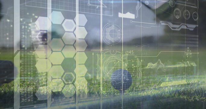 Positioning foot behind golf ball on green tee, golfer in white sneaker with digital AR overlays