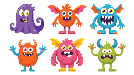 Naklejka premium Six Colorful Cartoon Monsters With Different Expressions And Features characters cute